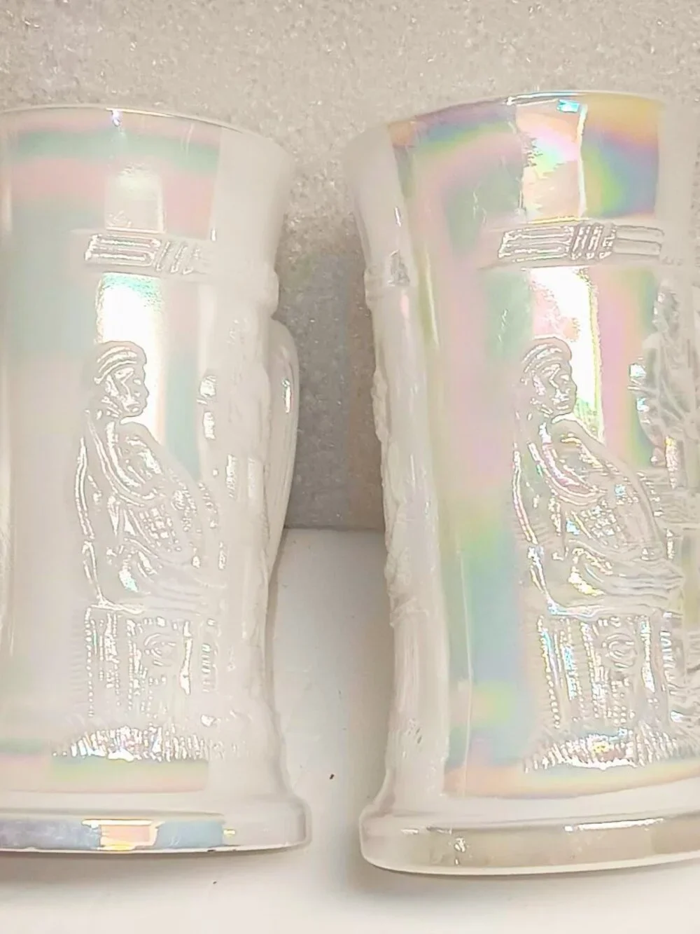 Vintage Aurora Pearl, Federal Glass set of two milk glass steins.